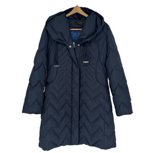 Tahari Navy Quilted Goose Down Puffer Coat Pillow Collar Parka